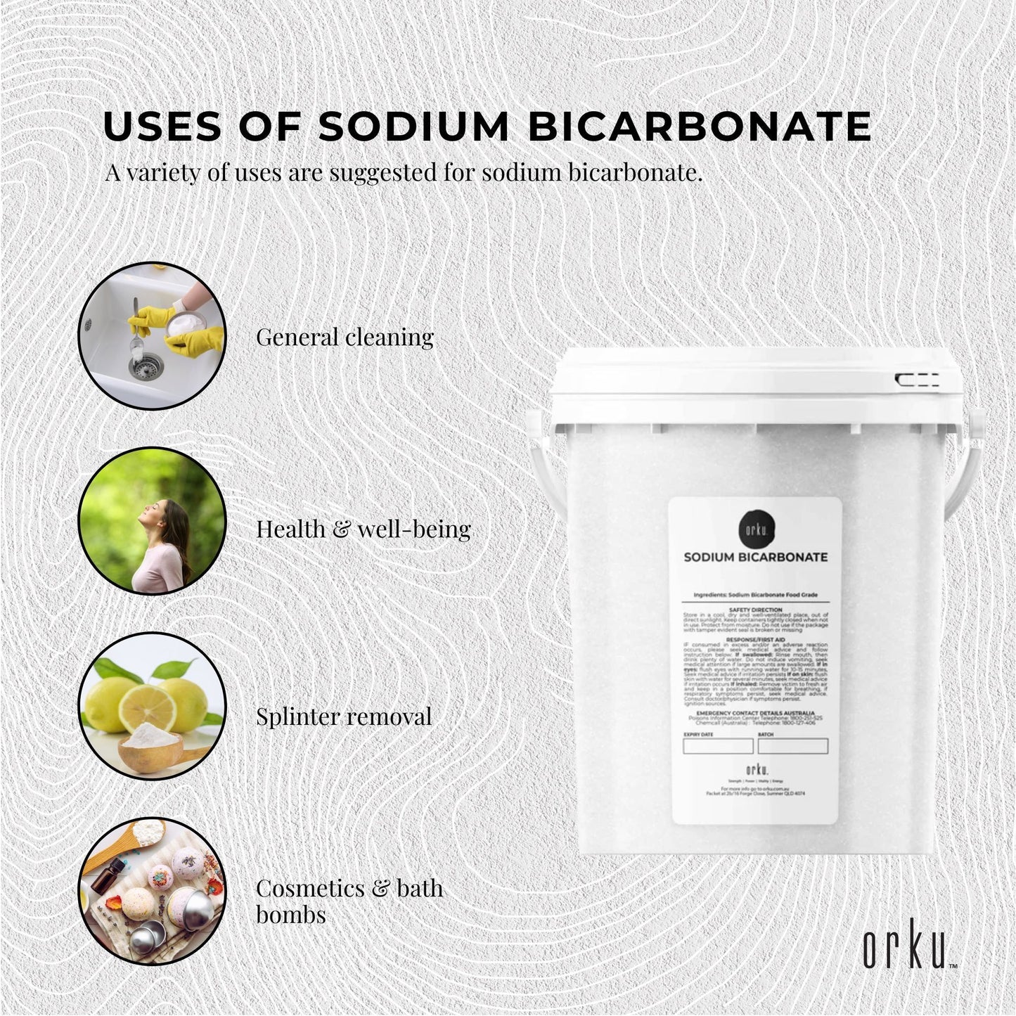 Orku 1.3Kg Sodium Bicarbonate Food Grade Tub Baking Soda Aluminium Free Powder