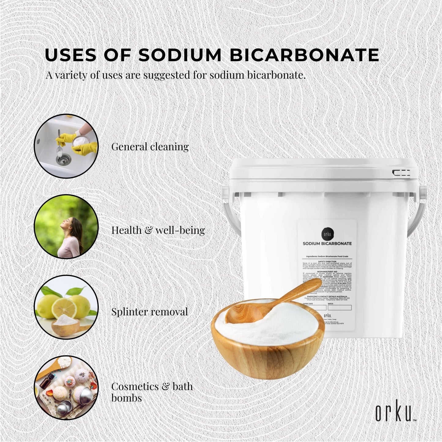 Orku 5Kg Sodium Bicarbonate Food Grade Tub Baking Soda Aluminium Free Powder