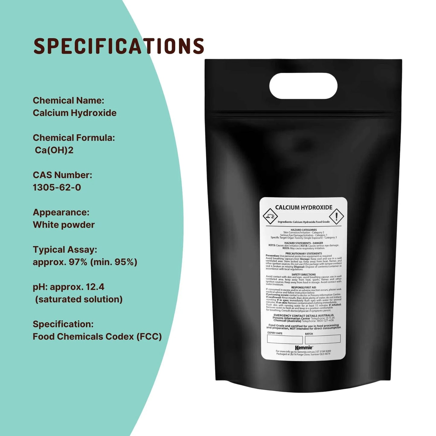 Kemmie Bulk 20Kg Calcium Hydroxide Powder - Food Grade Pickling Lime FCC