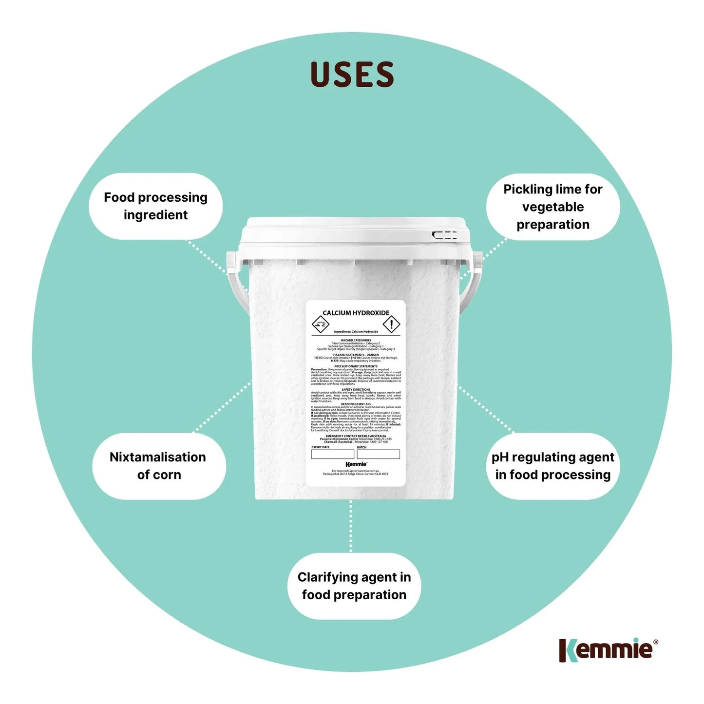 Kemmie 600g Calcium Hydroxide Powder Tub - Food Grade Pickling Lime FCC
