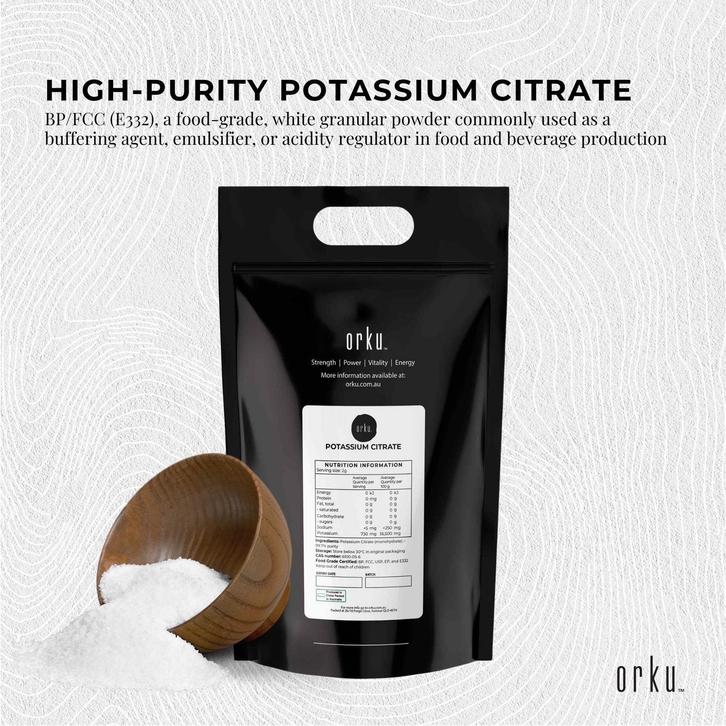 Orku 5Kg Potassium Citrate Food Grade - Granular BP USP FCC E332 Additive