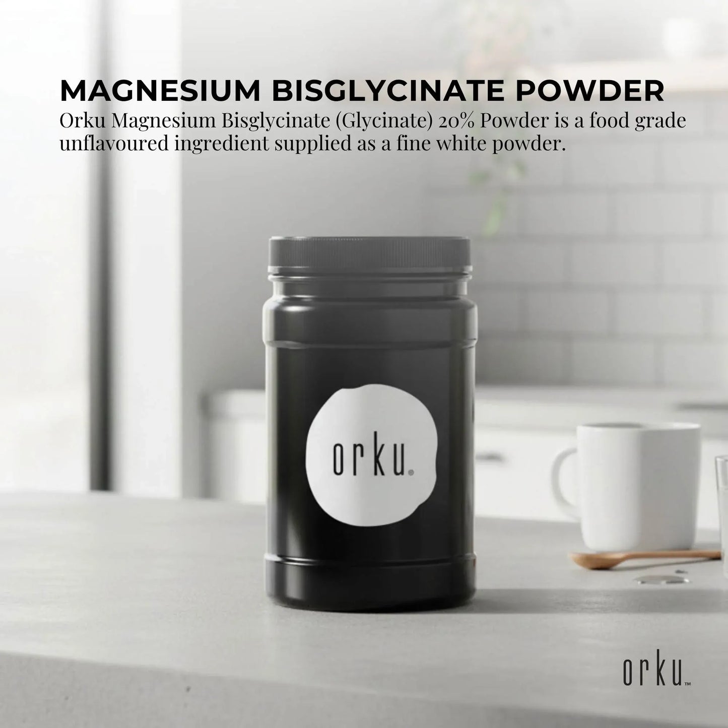 Orku 1Kg Magnesium Bisglycinate Powder Unflavoured Chelated Biglycinate - Jar