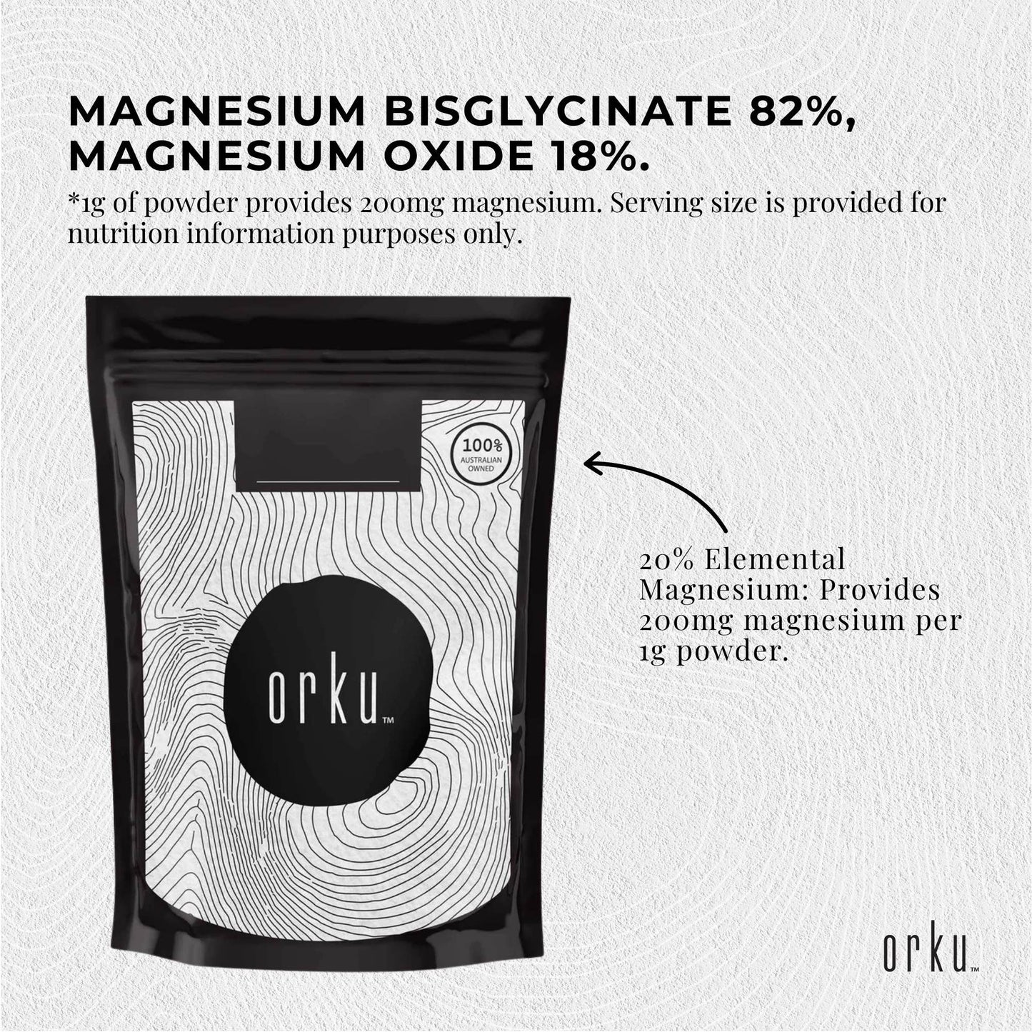 Orku 1Kg Magnesium Bisglycinate Powder Unflavoured Chelated Biglycinate